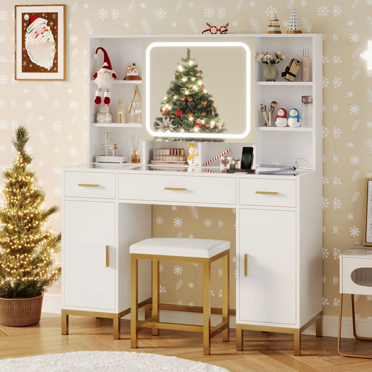 White Makeup Vanity Desk with Openable LED Mirror, 3-Mode Lights, Glass Drawers, Gold Table Legs, and Comfortable Stool-OUCH CART| Dressing table