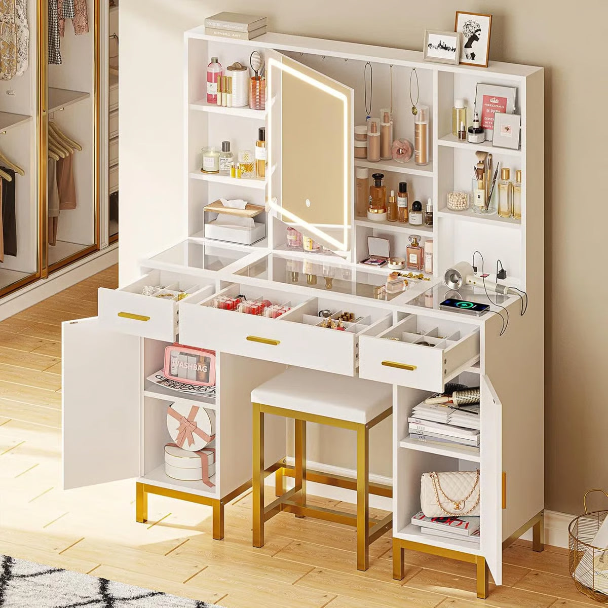 White Makeup Vanity Desk with Openable LED Mirror, 3-Mode Lights, Glass Drawers, Gold Table Legs, and Comfortable Stool