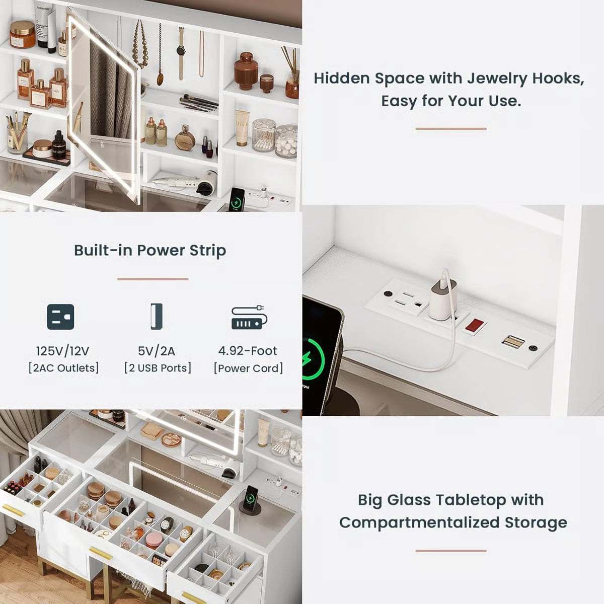 White Makeup Vanity Desk with Openable LED Mirror, 3-Mode Lights, Glass Drawers, Gold Table Legs, and Comfortable Stool