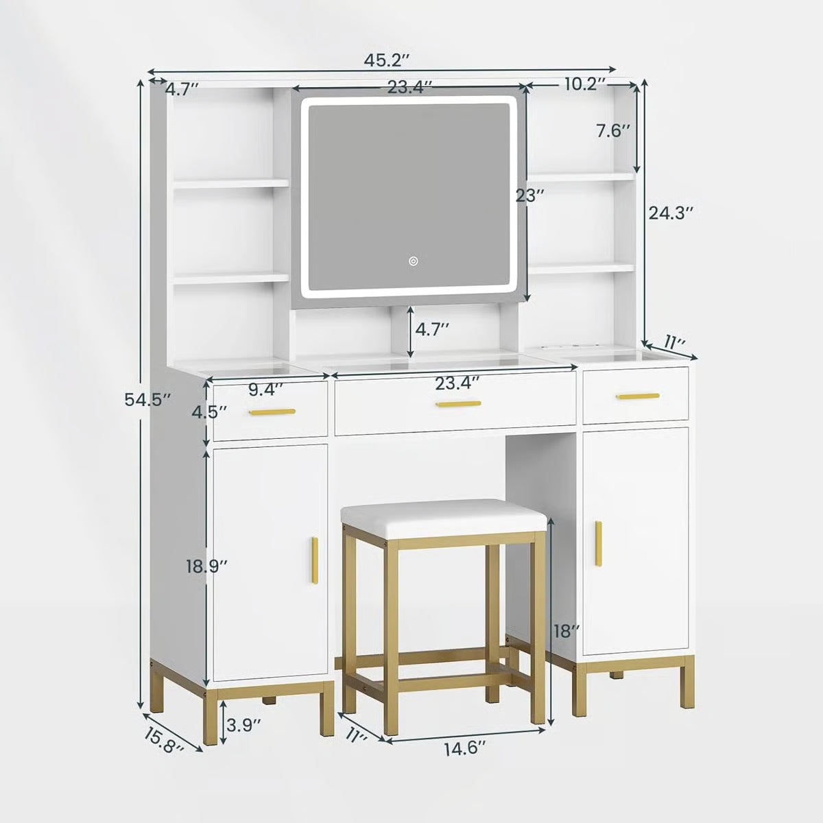 White Makeup Vanity Desk with Openable LED Mirror, 3-Mode Lights, Glass Drawers, Gold Table Legs, and Comfortable Stool-OUCH CART| Dressing table