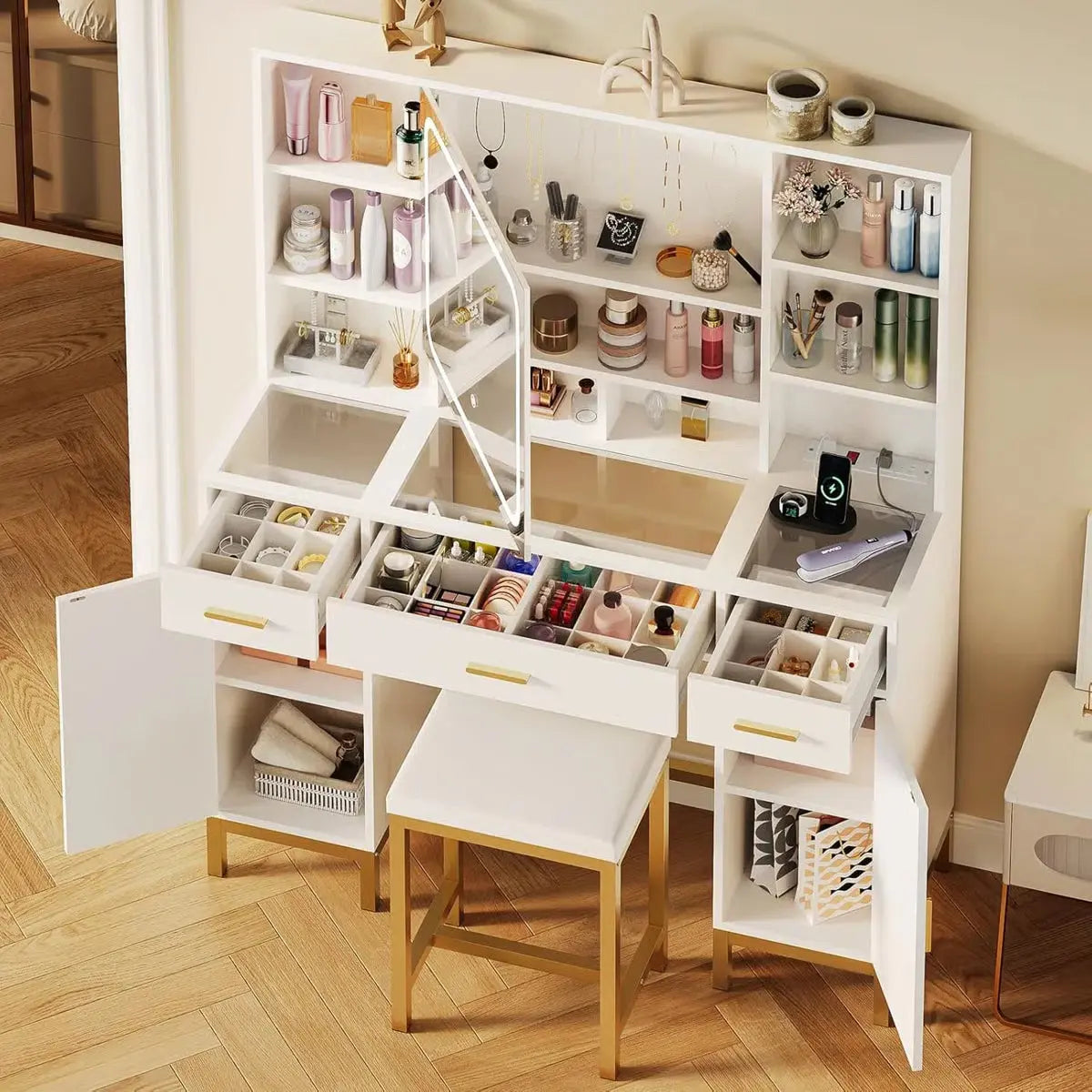 White Makeup Vanity Desk with Openable LED Mirror, 3-Mode Lights, Glass Drawers, Gold Table Legs, and Comfortable Stool