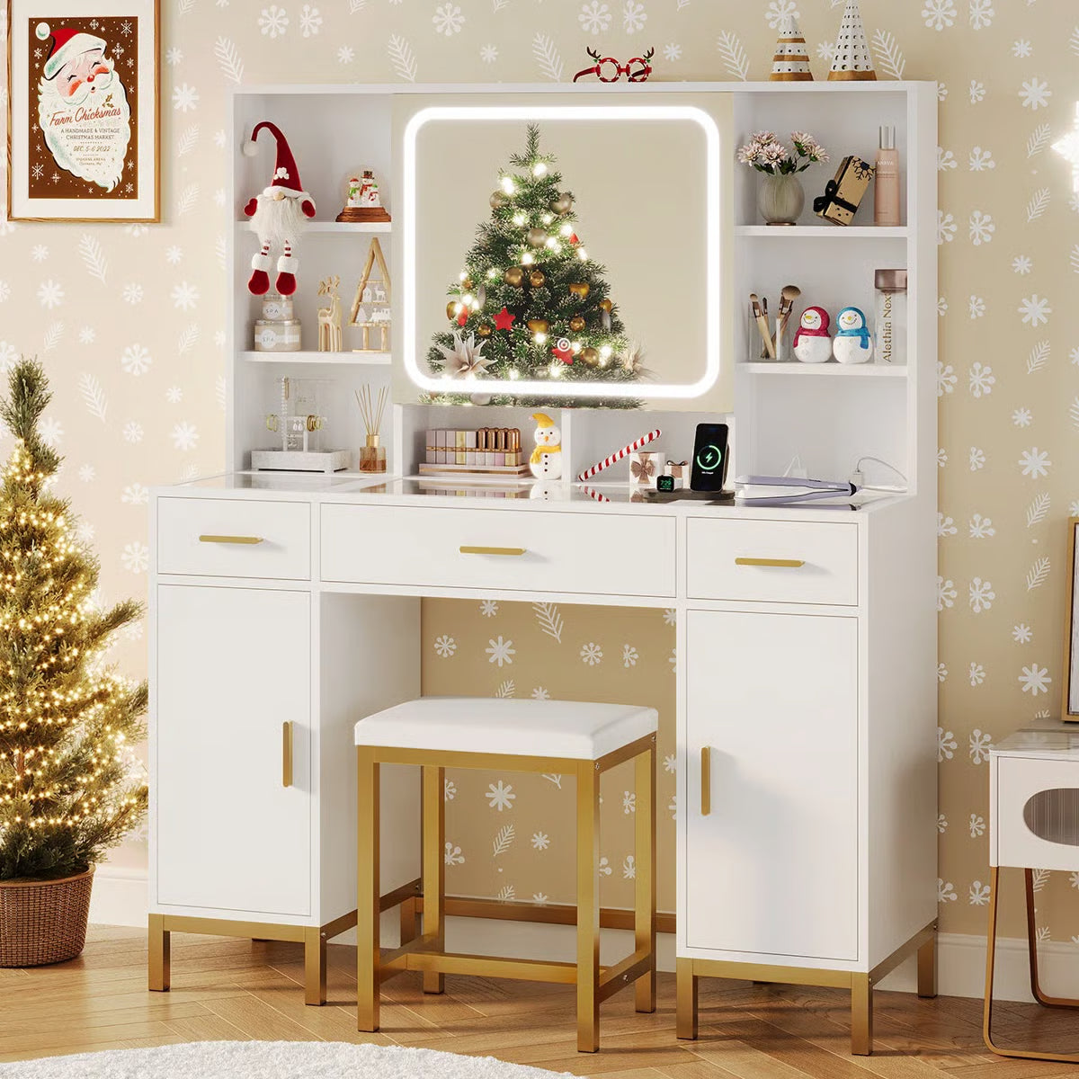 White Makeup Vanity Desk with Openable LED Mirror, 3-Mode Lights, Glass Drawers, Gold Table Legs, and Comfortable Stool-OUCH CART| Dressing table