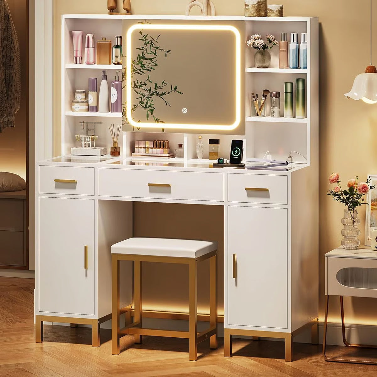 White Makeup Vanity Desk with Openable LED Mirror, 3-Mode Lights, Glass Drawers, Gold Table Legs, and Comfortable Stool