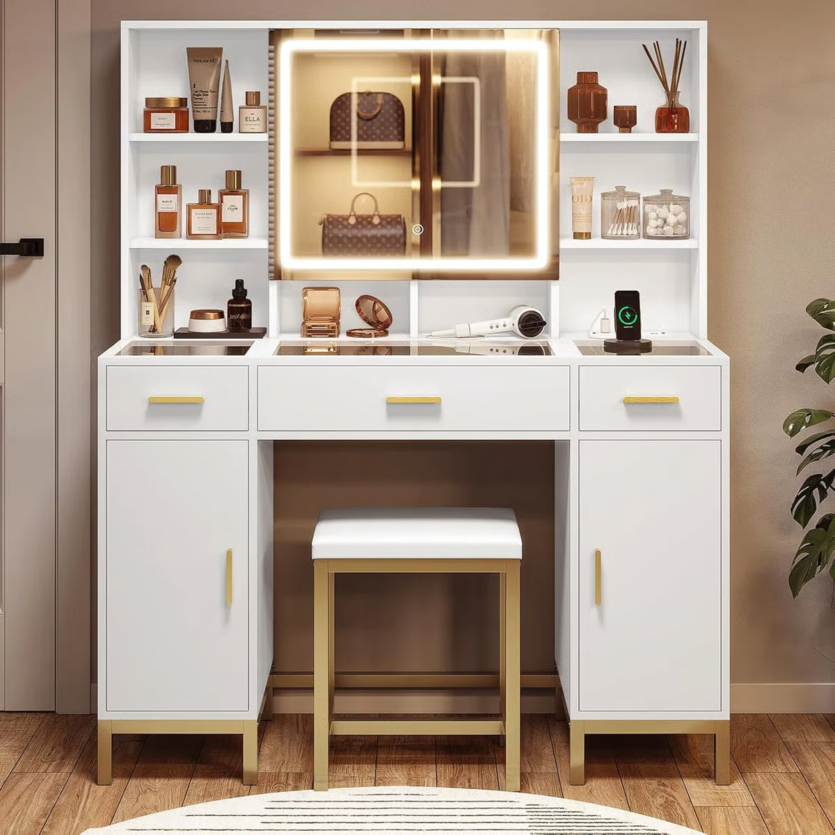 White Makeup Vanity Desk with Openable LED Mirror, 3-Mode Lights, Glass Drawers, Gold Table Legs, and Comfortable Stool