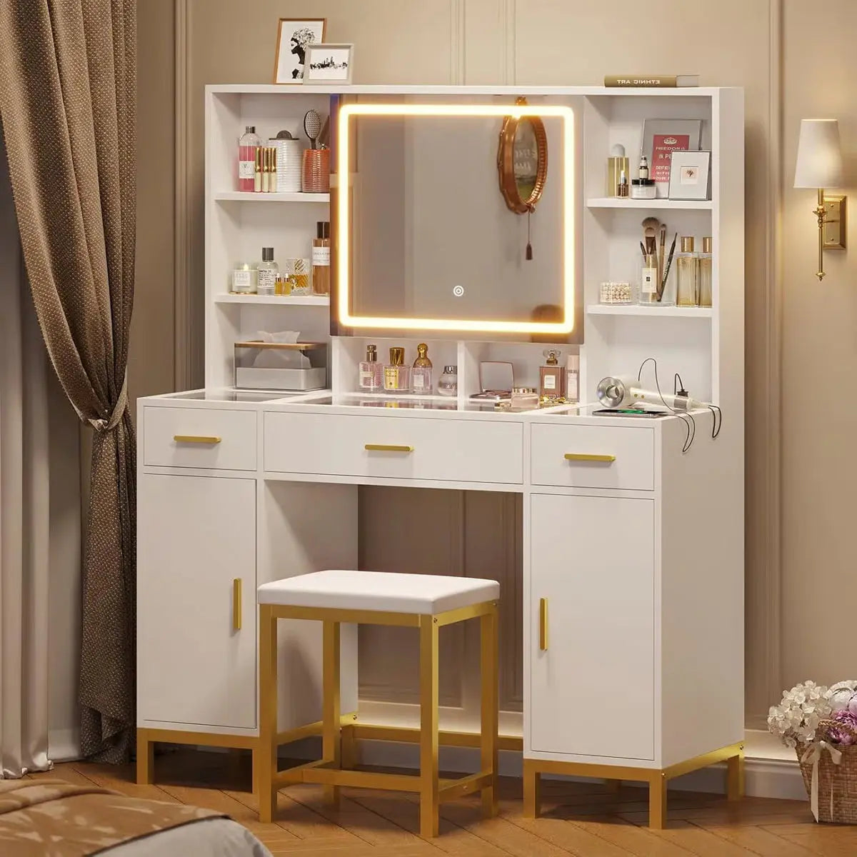 White Makeup Vanity Desk with Openable LED Mirror, 3-Mode Lights, Glass Drawers, Gold Table Legs, and Comfortable Stool-OUCH CART| Dressing table