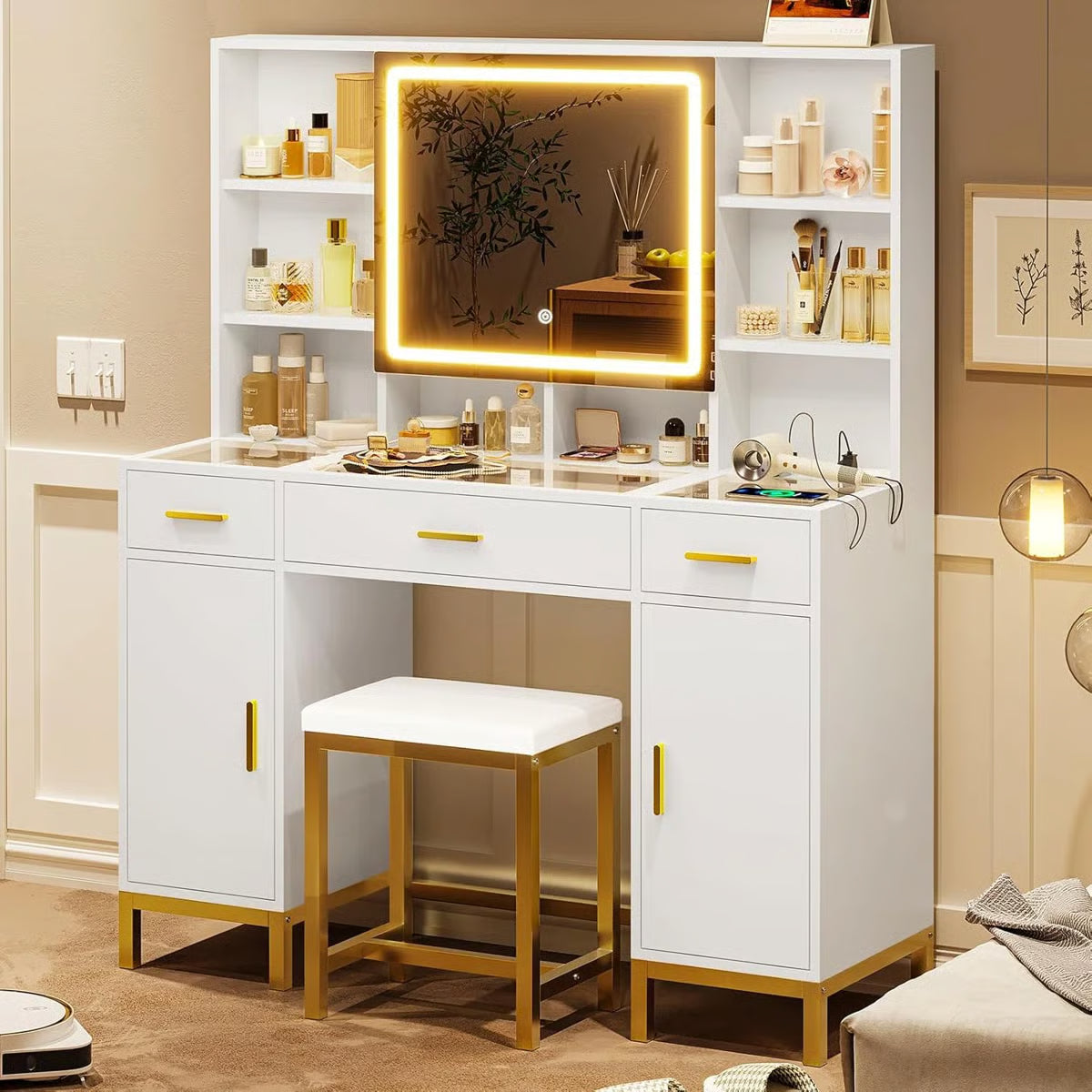 White Makeup Vanity Desk with Openable LED Mirror, 3-Mode Lights, Glass Drawers, Gold Table Legs, and Comfortable Stool