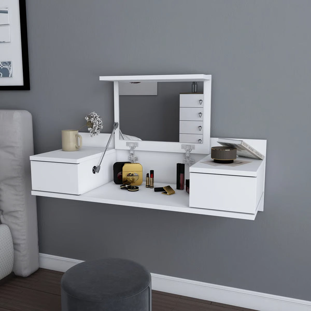 Lenhardt 39" Floating Vanity Desk – Compact Makeup Table with Mirror