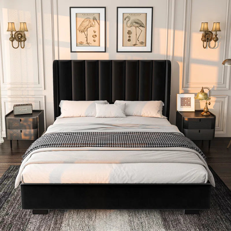 Lift Up Storage Bed Frame With 51" Tall Headboard, Upholstered Velvet Wingback Tufted Design, Wood Slats Support, No Box Spring Required, Noise-free Double Bed Frame OUCH CART