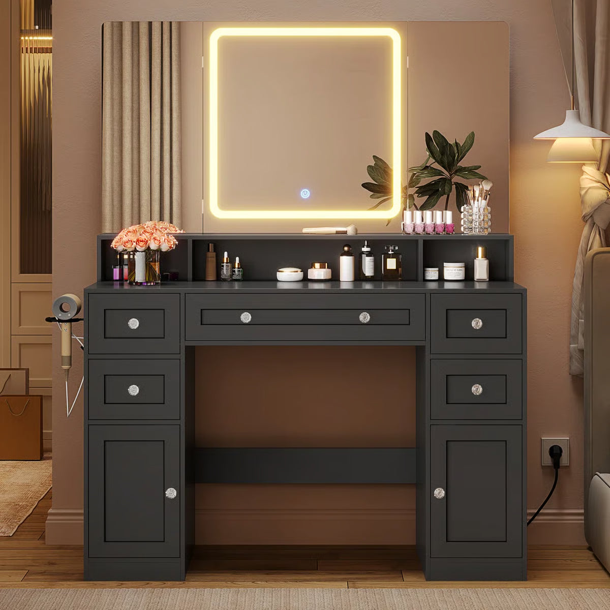 Lighted Makeup Vanity Desk with Storage, Tri-Fold Mirror and 3-Color LED Lights
