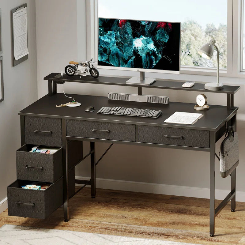 Computer Desk with Drawers and Monitor Shelf, Gaming Desk with RGB LED Lights & USB Ports Ouch Cart