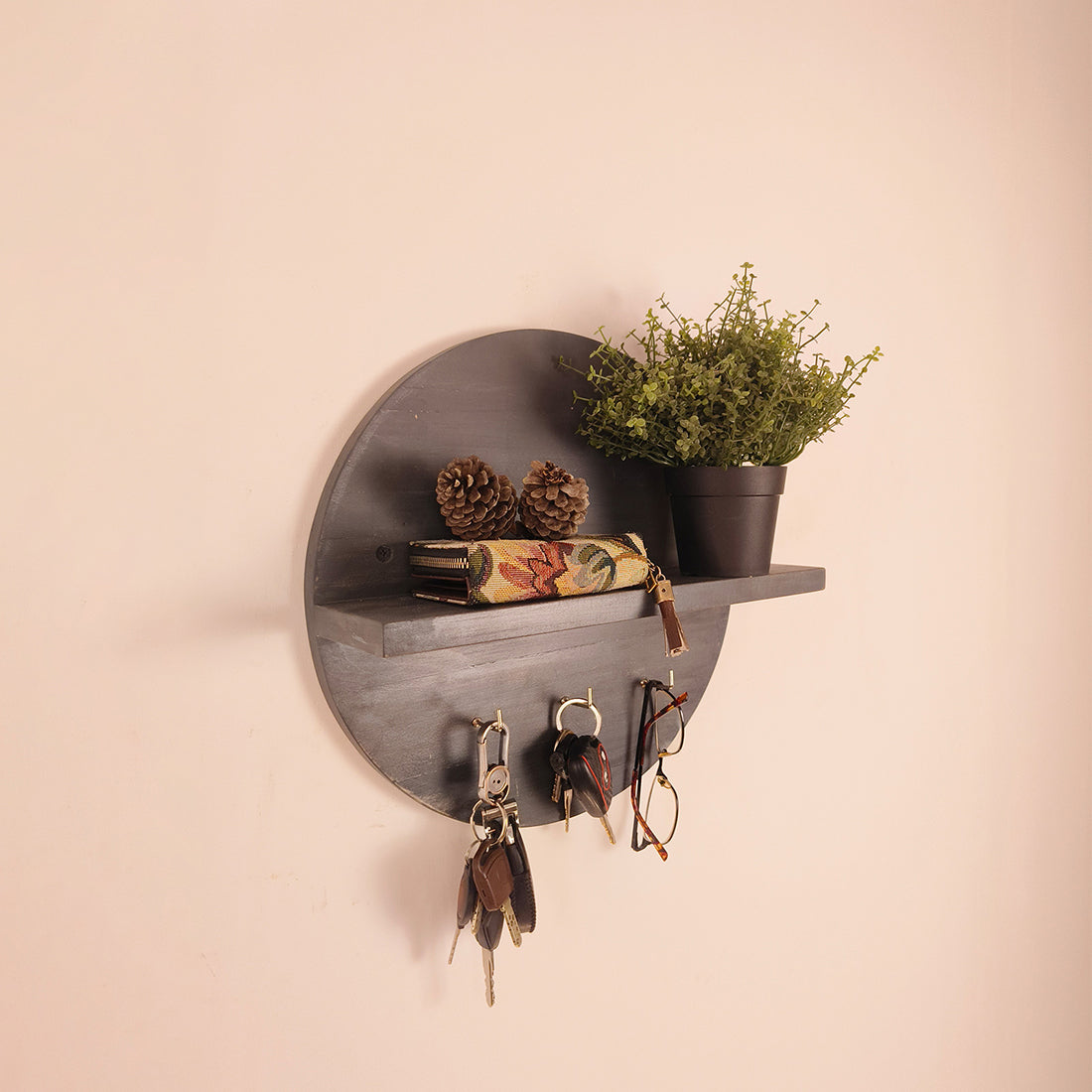 Lotus Wooden Wall Shelf Organiser with Key Holders