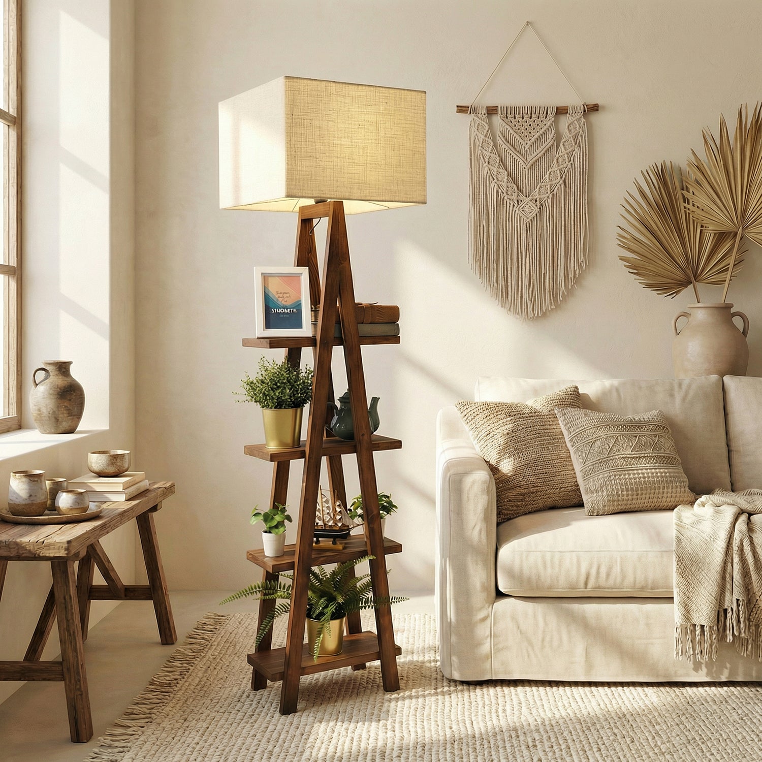 Louise Wooden Floor Lamp with Brown Base and Jute Fabric Lampshade (BULB NOT INCLUDED)