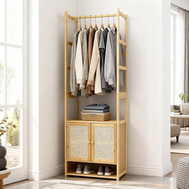 Ouch Cart Bamboo Clothes Storage Rack | Wooden Wardrobe Stand with Shelves & Hanging Rod OUCH CART