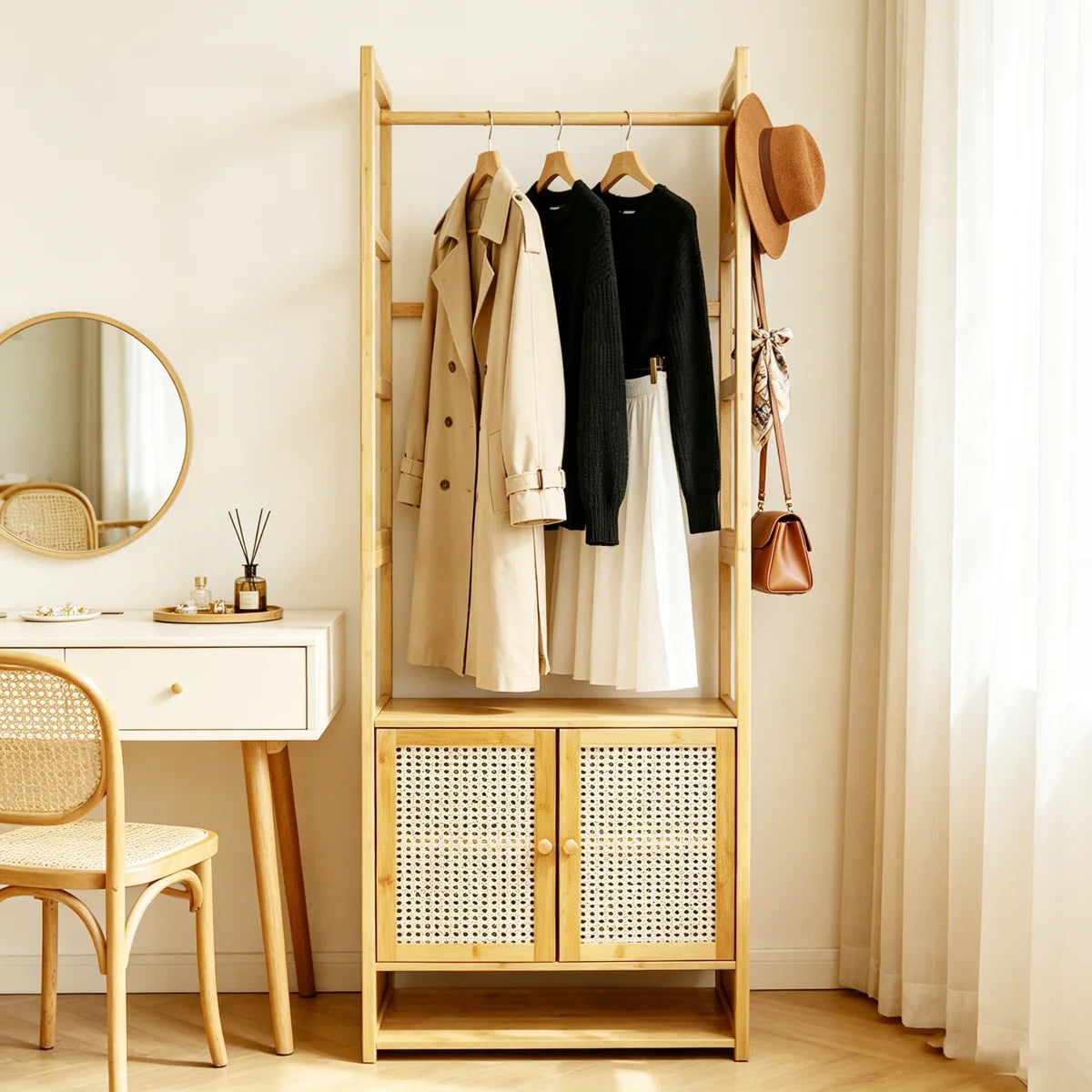 Ouch Cart Bamboo Clothes Storage Rack | Wooden Wardrobe Stand with Shelves & Hanging Rod OUCH CART