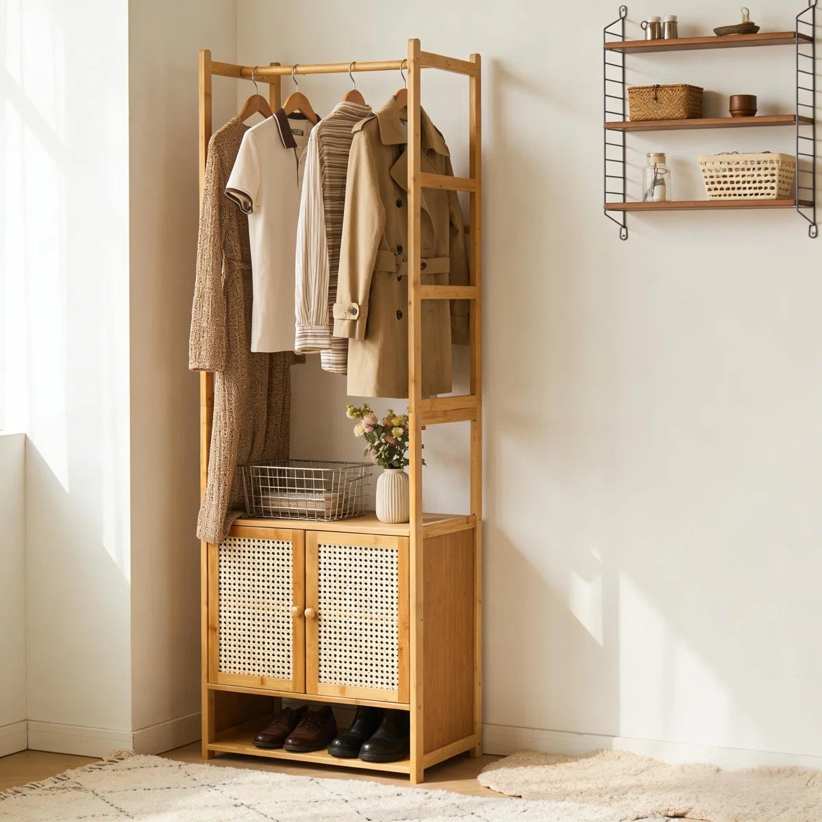 Ouch Cart Bamboo Clothes Storage Rack | Wooden Wardrobe Stand with Shelves & Hanging Rod OUCH CART
