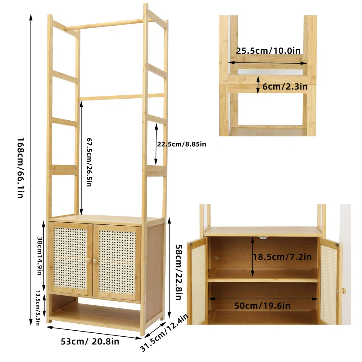 Ouch Cart Bamboo Clothes Storage Rack | Wooden Wardrobe Stand with Shelves & Hanging Rod OUCH CART