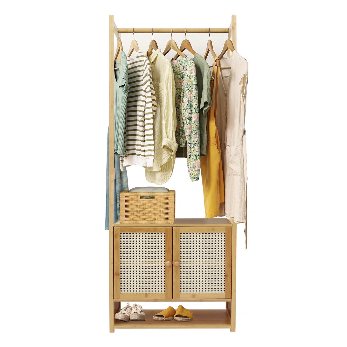 Ouch Cart Bamboo Clothes Storage Rack | Wooden Wardrobe Stand with Shelves & Hanging Rod