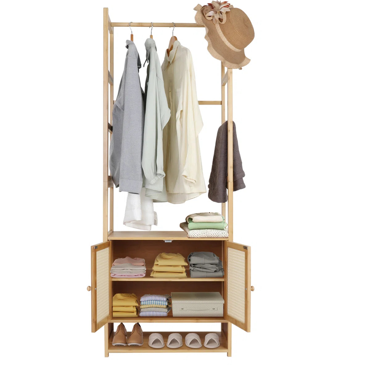 Ouch Cart Bamboo Clothes Storage Rack | Wooden Wardrobe Stand with Shelves & Hanging Rod OUCH CART