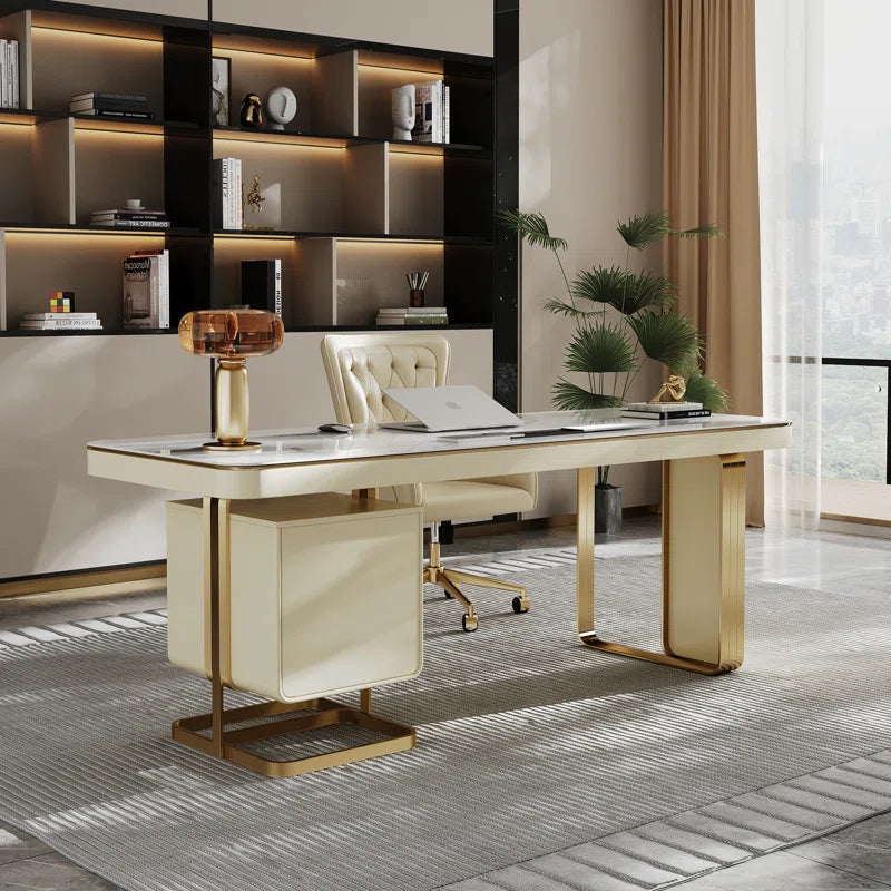 Stone Office Executive Desk with Storage for Computer Ouch Cart