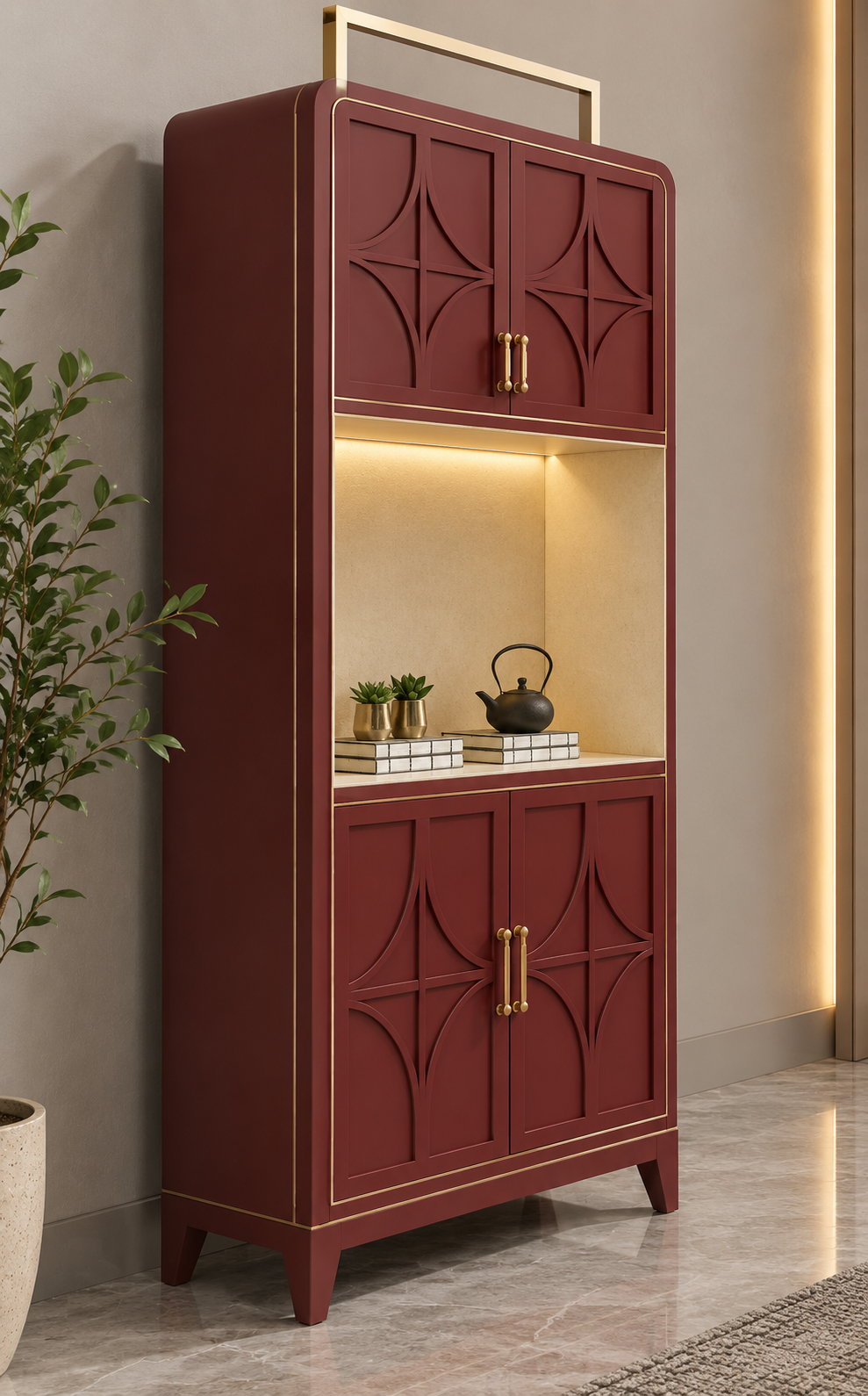 Luxury Burgundy Wooden Display Cabinet with LED Light | Tall Storage Cabinet with Glass-Free Arched Panel Doors | Living Room Decor Cabinet