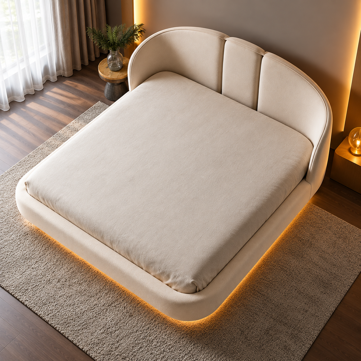 Luxury Cream Upholstered Bed with Modern Curved 3-Panel Headboard, Premium Fabric Platform Bed for Bedroom