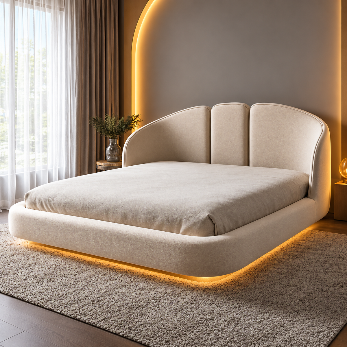 Luxury Cream Upholstered Bed with Modern Curved 3-Panel Headboard, Premium Fabric Platform Bed for Bedroom