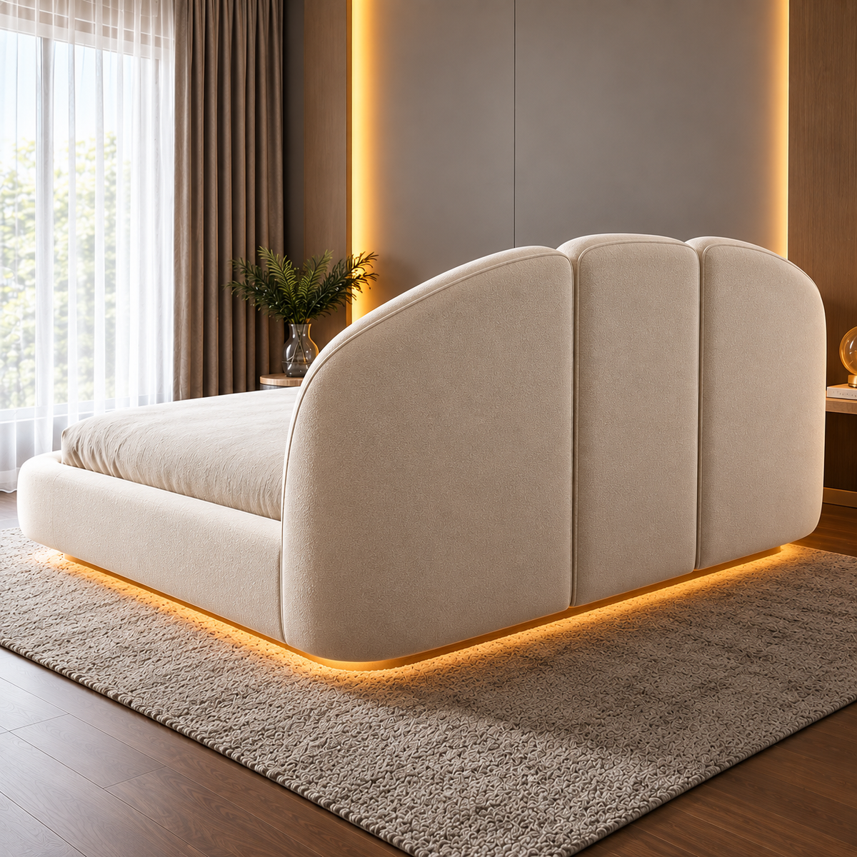 Luxury Cream Upholstered Bed with Modern Curved 3-Panel Headboard, Premium Fabric Platform Bed for Bedroom