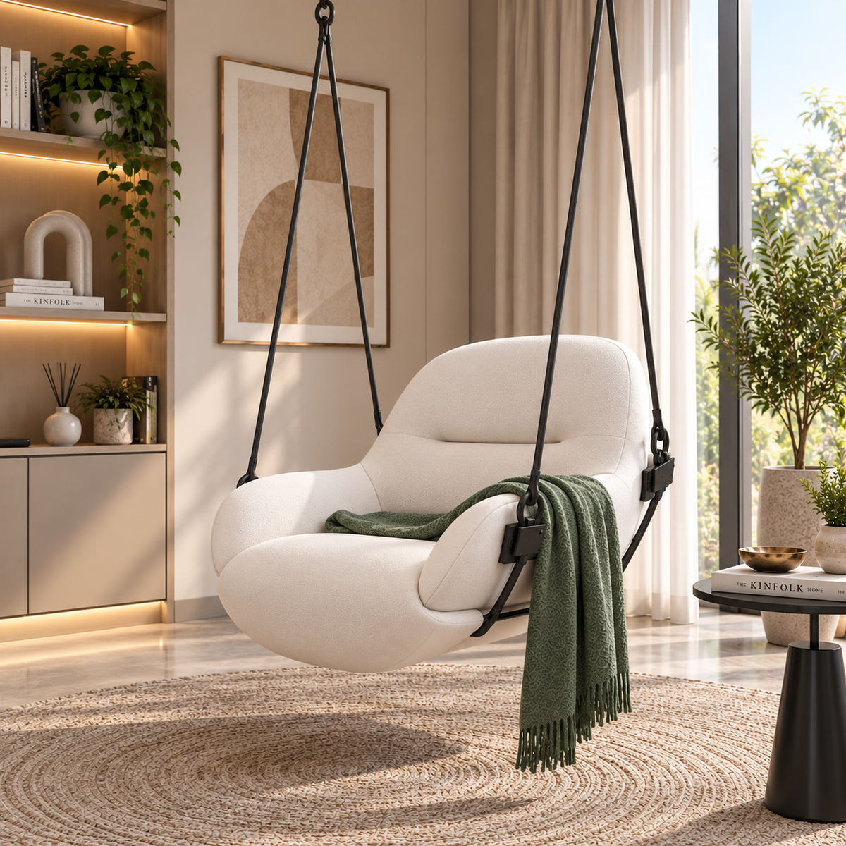 Luxury Cream Upholstered Hanging Swing Chair | Modern Indoor Relaxing Chair