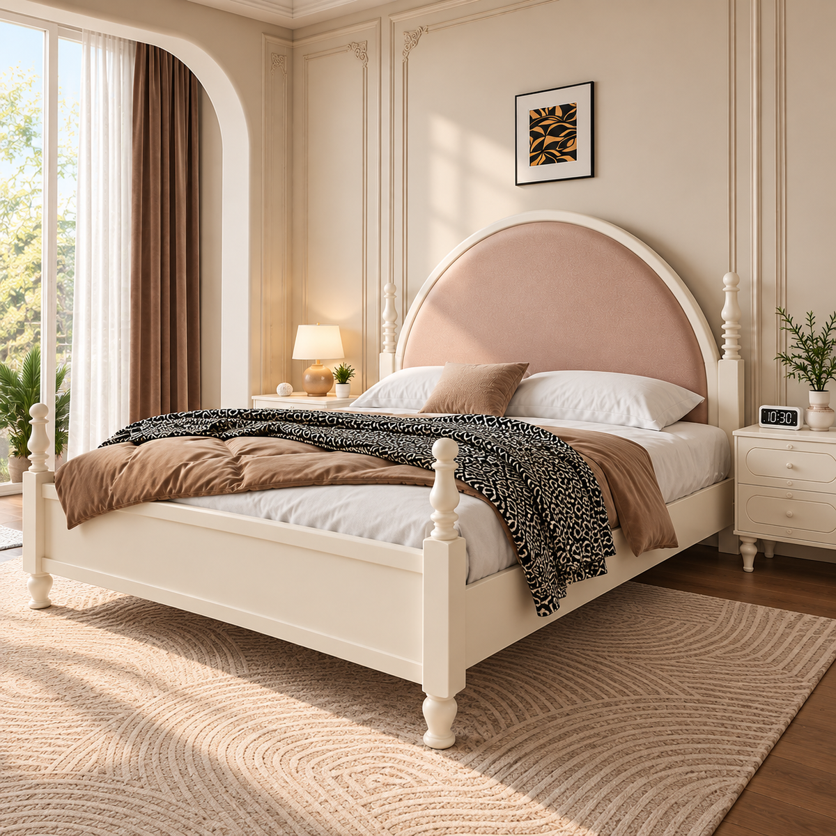 Luxury Cream Wooden Bed with Blush Pink Upholstered Arched Headboard