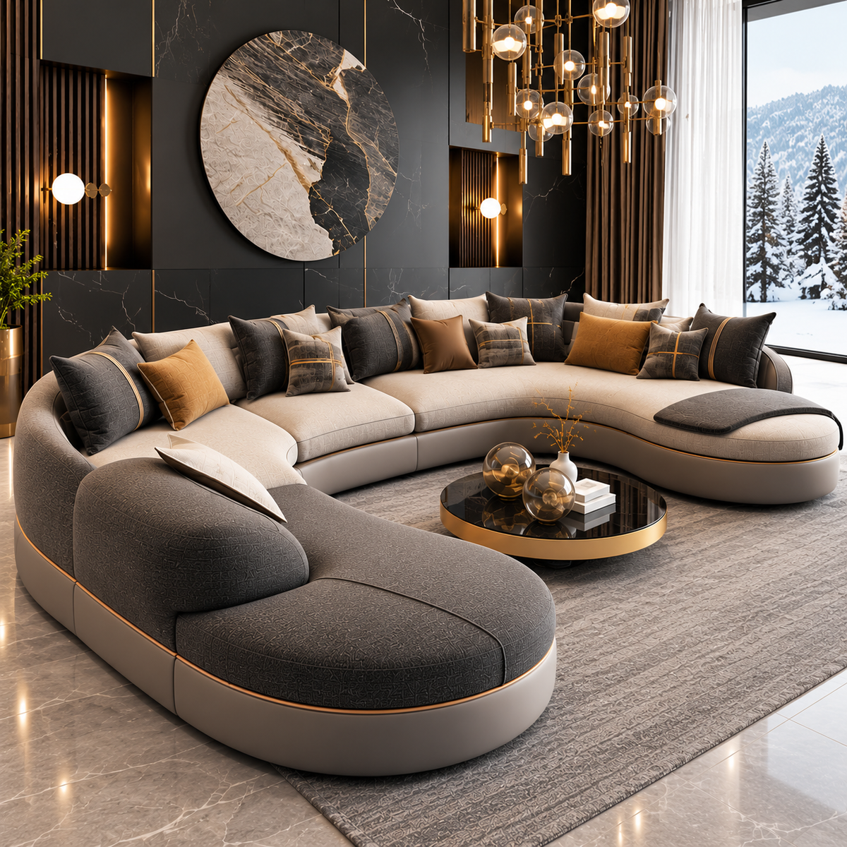 Luxury Curved U-Shaped Sectional Sofa for Living Room | Modern Designer Fabric Sofa with Chaise, Gold Trim & Plush Cushions