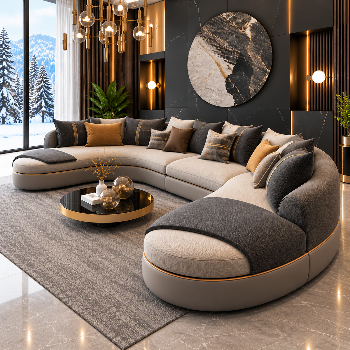 Luxury Curved U-Shaped Sectional Sofa for Living Room | Modern Designer Fabric Sofa with Chaise, Gold Trim & Plush Cushions
