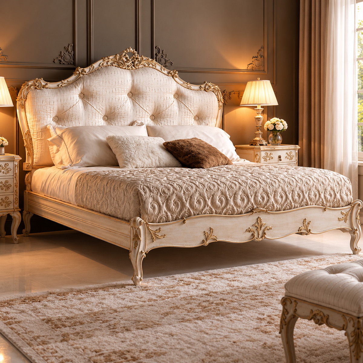 Luxury French Style Upholstered Bed with Golden Carvings