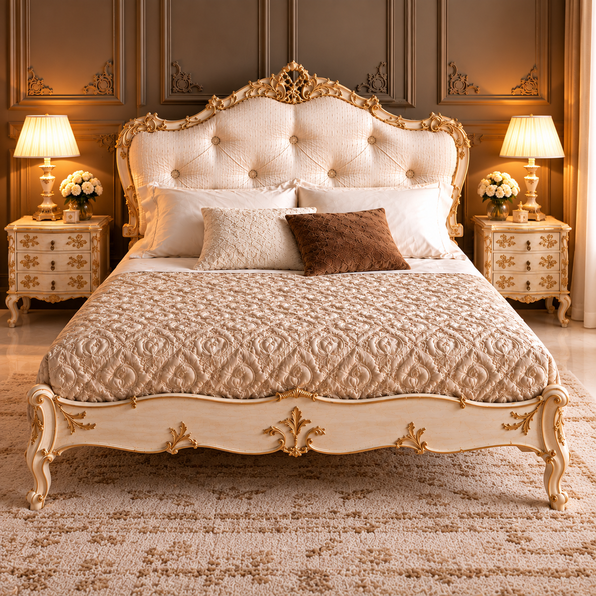 Luxury French Style Upholstered Bed with Golden Carvings