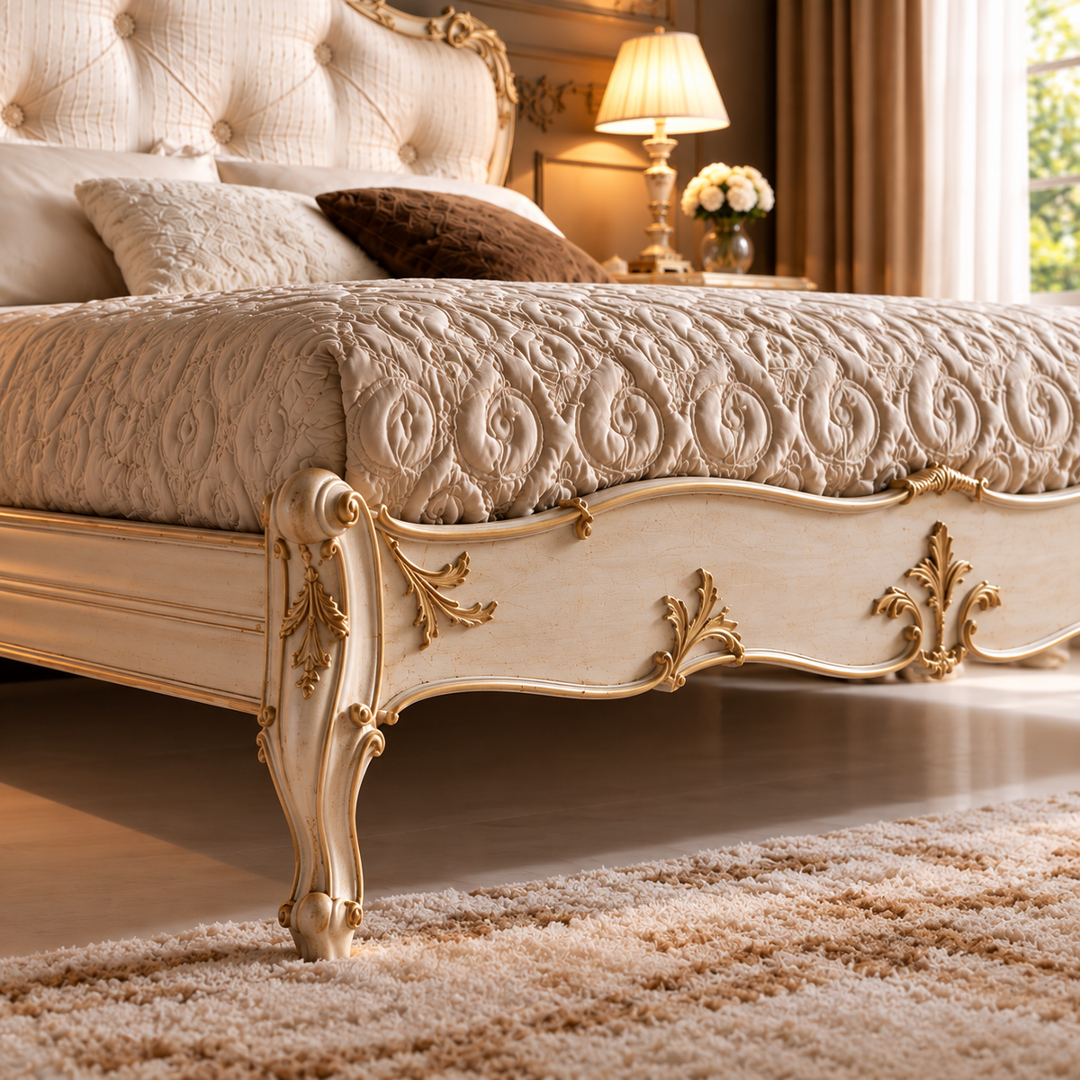 Luxury French Style Upholstered Bed with Golden Carvings