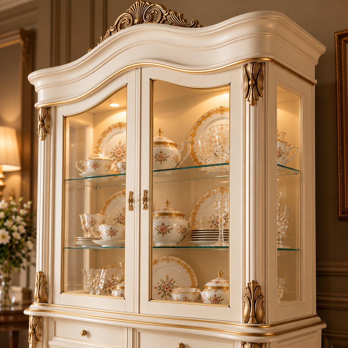 Luxury Ivory China Cabinet with Glass Doors, Gold Accents, 2 Drawers & Lower Storage French Style Display Cupboard