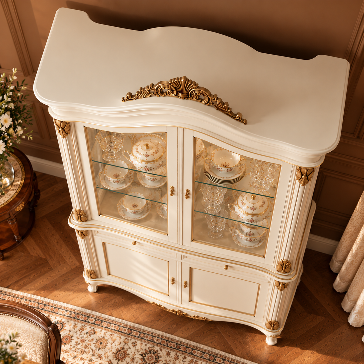 Luxury Ivory China Cabinet with Glass Doors, Gold Accents, 2 Drawers & Lower Storage French Style Display Cupboard