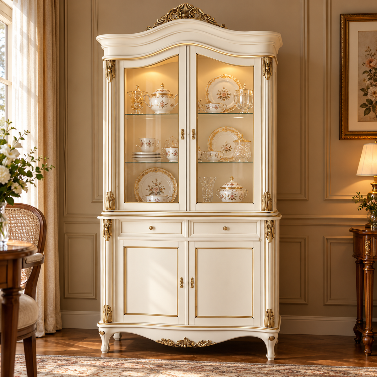 Luxury Ivory China Cabinet with Glass Doors, Gold Accents, 2 Drawers & Lower Storage French Style Display Cupboard