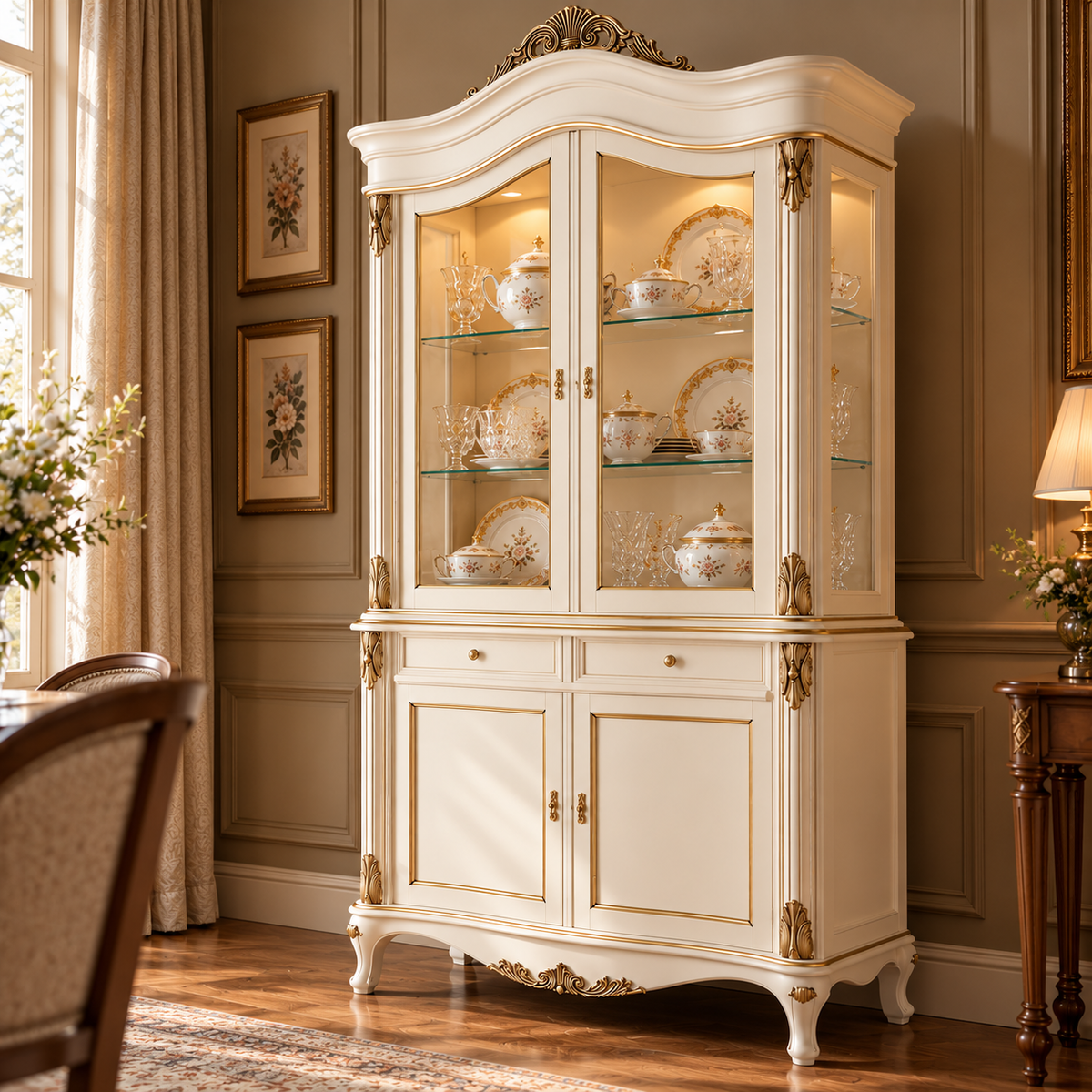 Luxury Ivory China Cabinet with Glass Doors, Gold Accents, 2 Drawers & Lower Storage French Style Display Cupboard