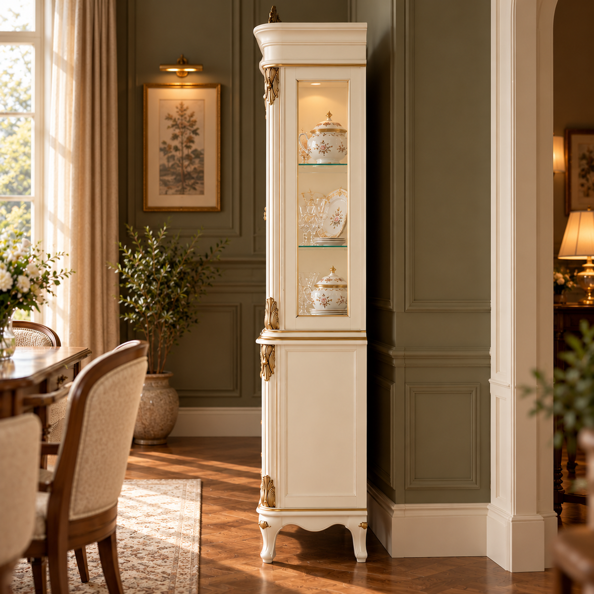 Luxury Ivory China Cabinet with Glass Doors, Gold Accents, 2 Drawers & Lower Storage French Style Display Cupboard