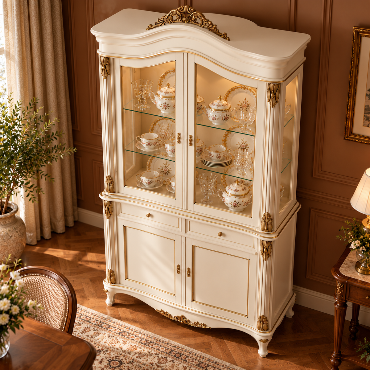 Luxury Ivory China Cabinet with Glass Doors, Gold Accents, 2 Drawers & Lower Storage French Style Display Cupboard