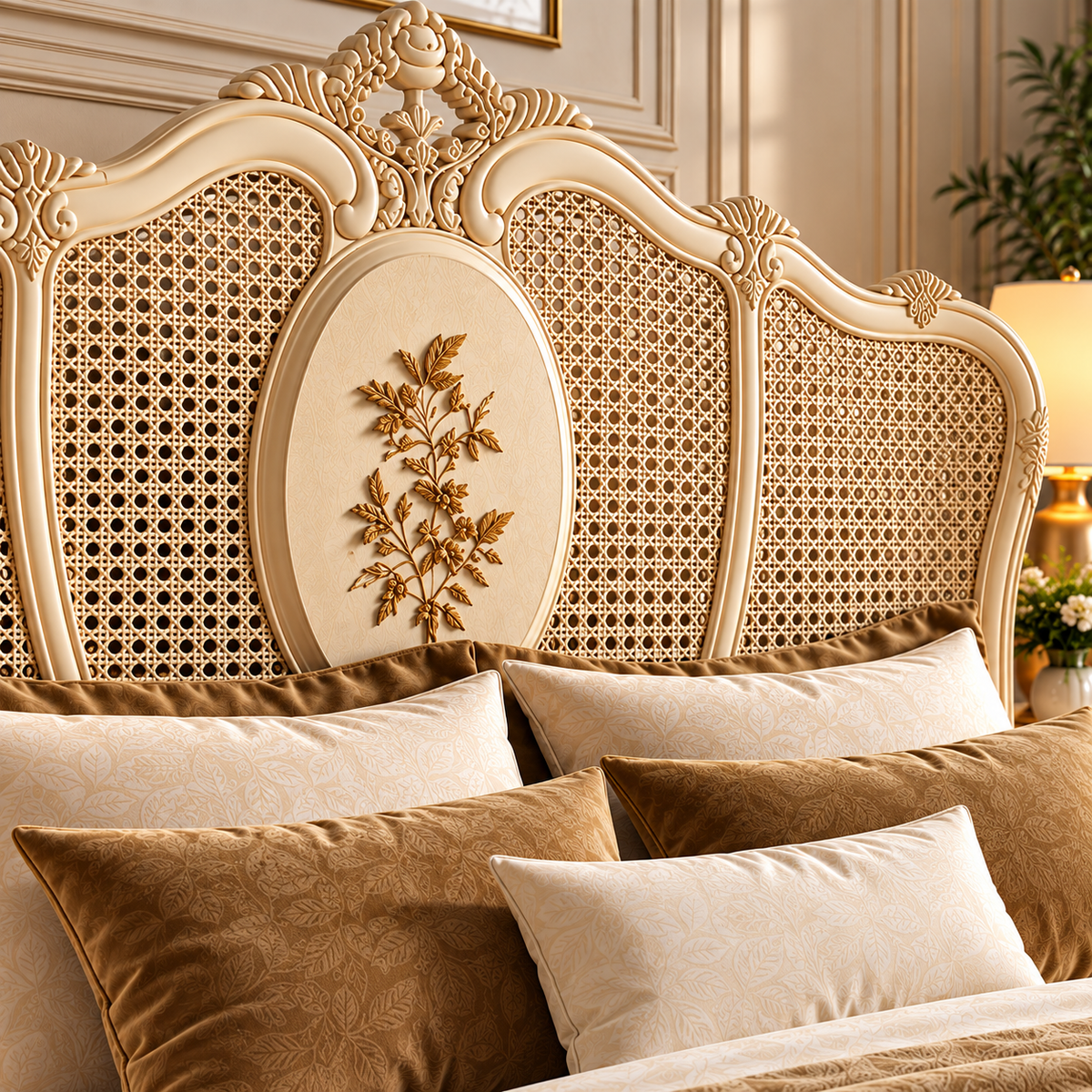Luxury Ivory Wooden Bed with Cane Headboard, Floral Carving & Ornate Legs