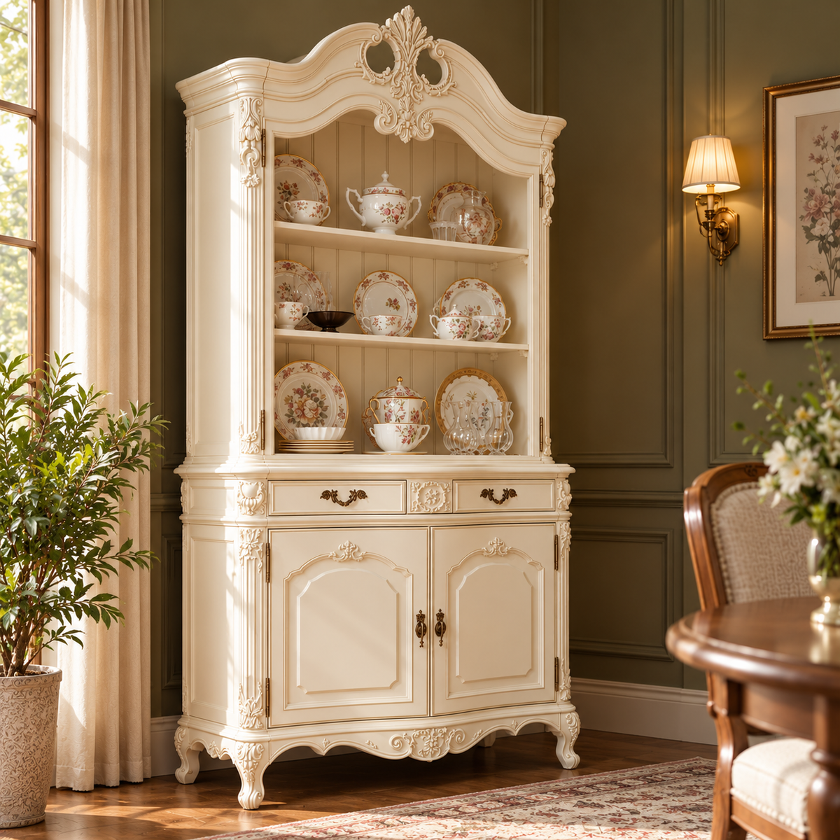 Luxury Ivory Wooden Crockery Cabinet with Open Display Shelves, 2 Door Storage, Ornate Carved Details & Antique Finish