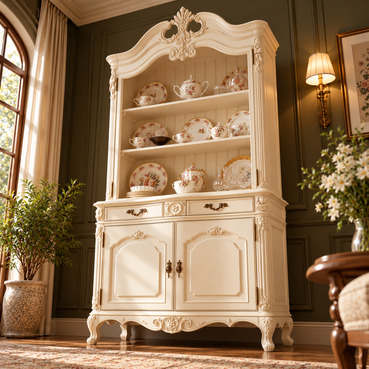 Luxury Ivory Wooden Crockery Cabinet with Open Display Shelves, 2 Door Storage, Ornate Carved Details & Antique Finish