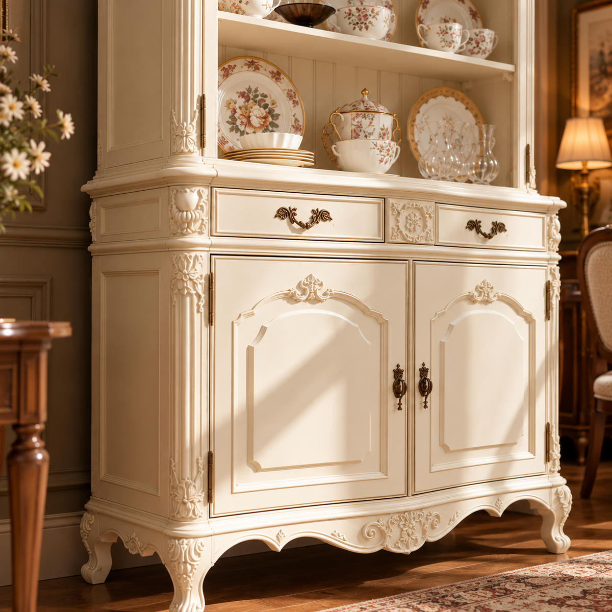 Luxury Ivory Wooden Crockery Cabinet with Open Display Shelves, 2 Door Storage, Ornate Carved Details & Antique Finish