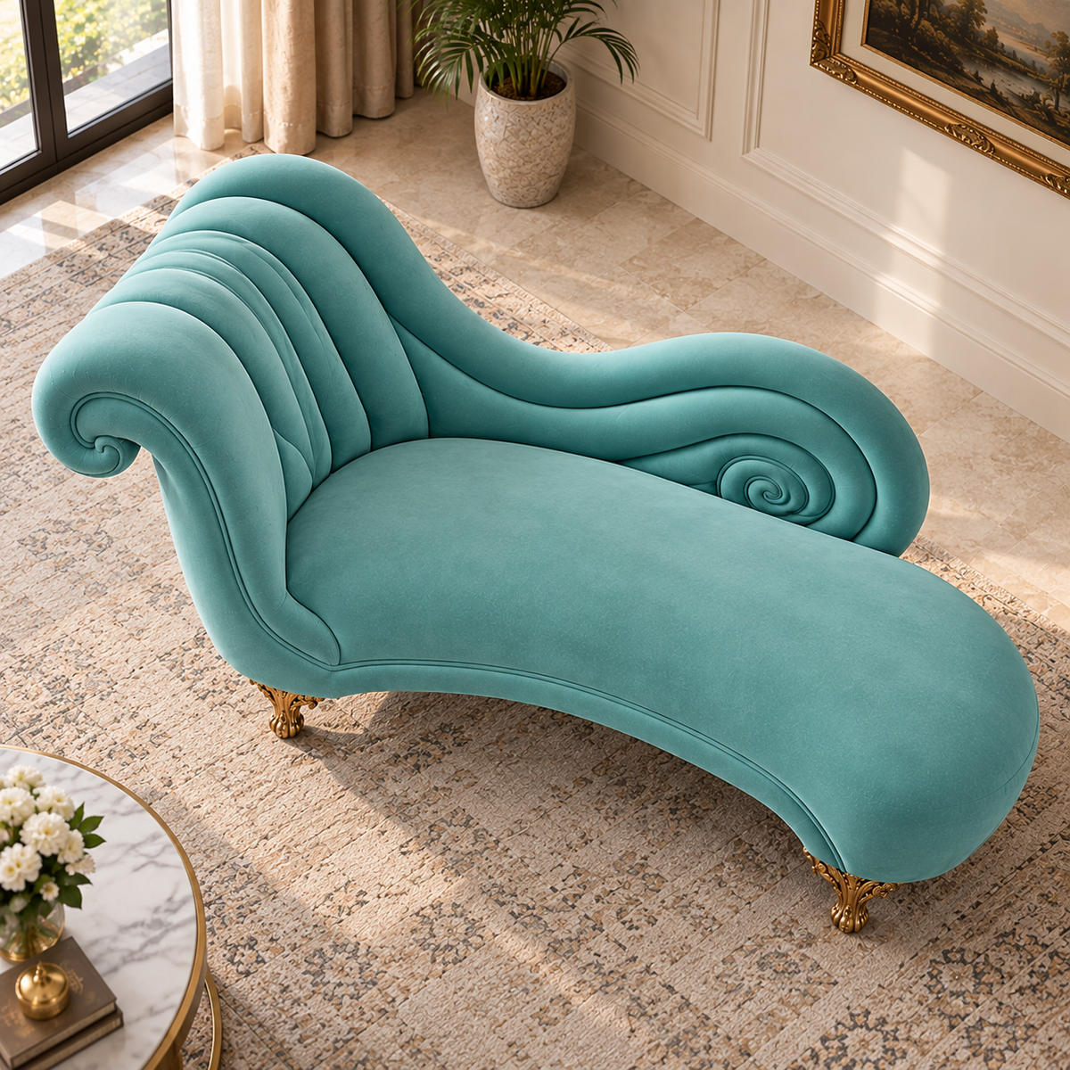 Luxury Teal Velvet Chaise Lounge Sofa | Classic Curved Recamier Sofa with Gold Legs OUCH CART