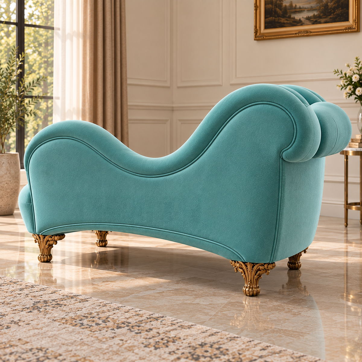 Luxury Teal Velvet Chaise Lounge Sofa | Classic Curved Recamier Sofa with Gold Legs OUCH CART