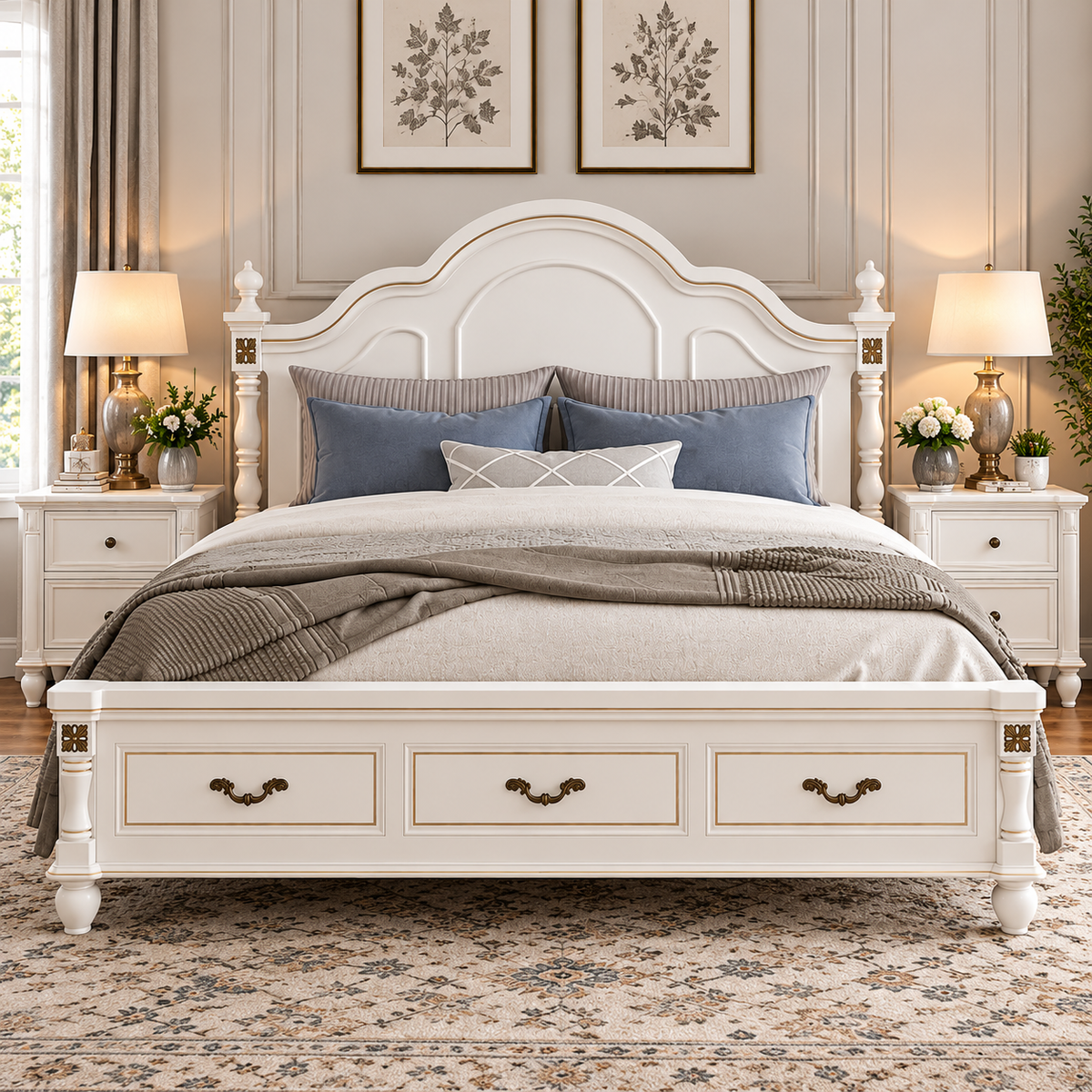 Luxury White Wooden Bed with Gold Accents & Storage Drawers