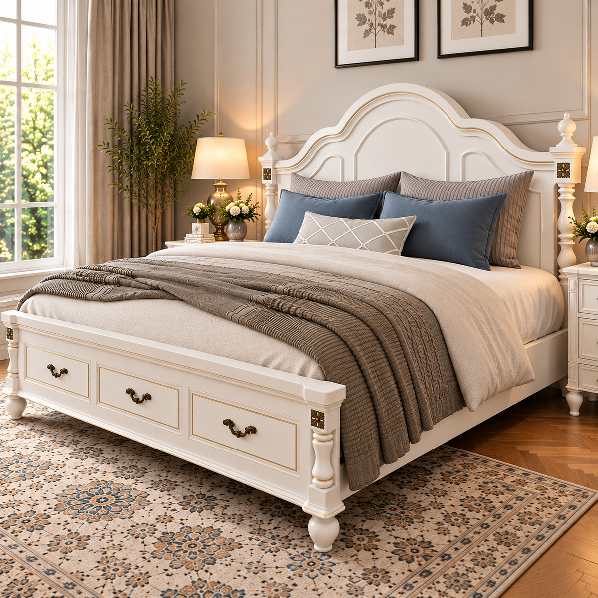 Luxury White Wooden Bed with Gold Accents & Storage Drawers