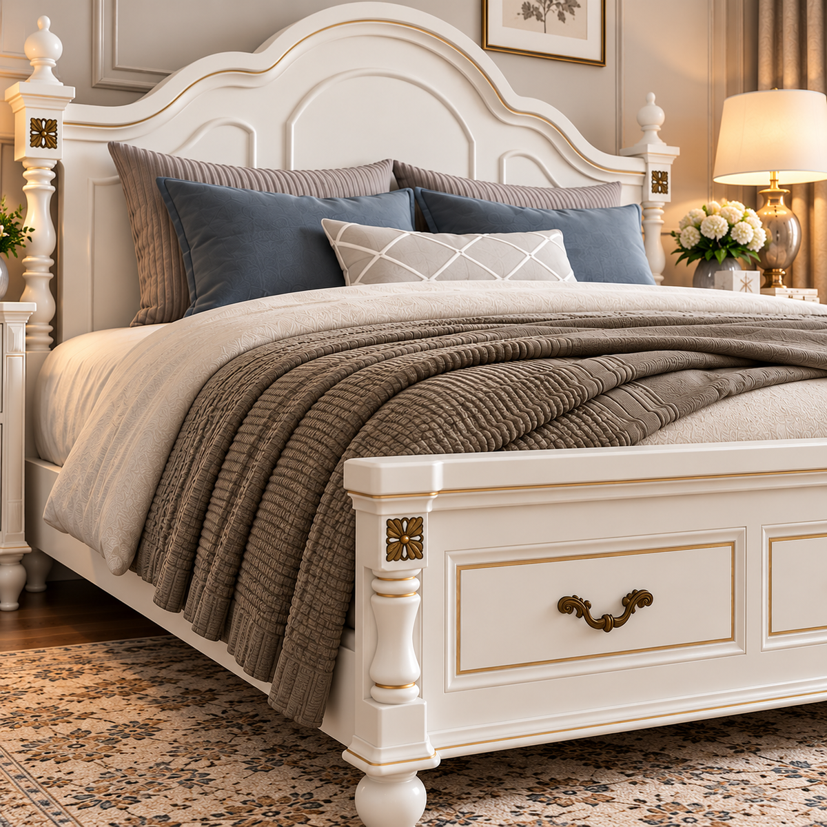 Luxury White Wooden Bed with Gold Accents & Storage Drawers