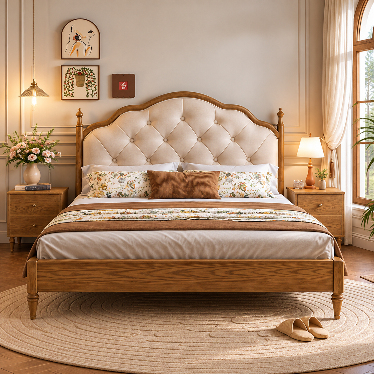 Luxury Wooden Bed with Cream Button-Tufted Upholstered Headboard